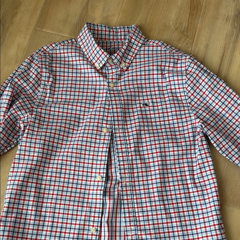 Boys Size Small Red and Blue Vineyard Vines Checkered Shirt.